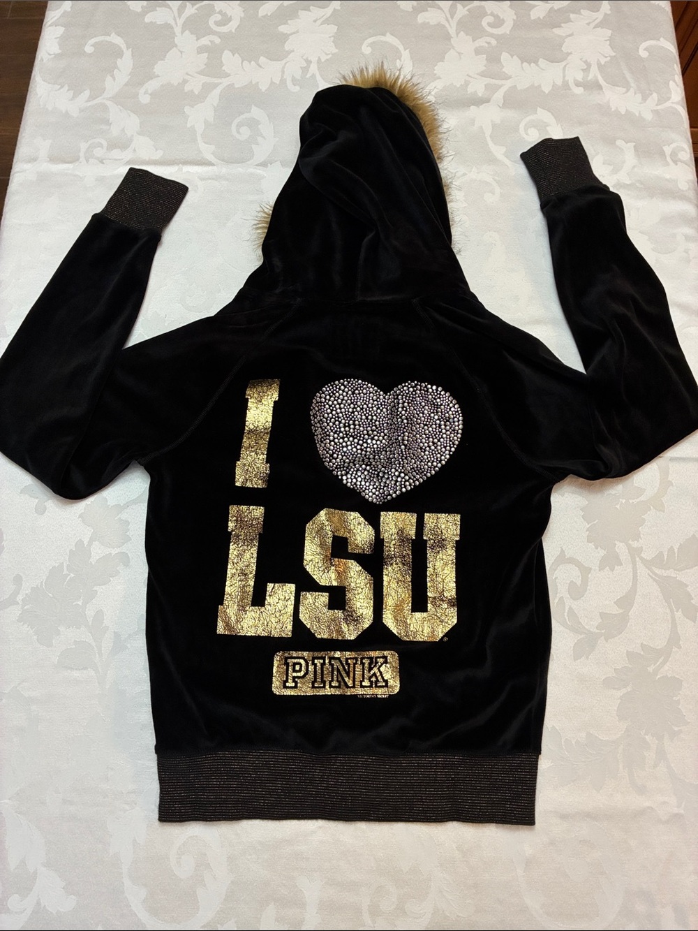 PINK Victoria's Secret Black Velvet Hooded Jacket with Gold LSU Logo, Size M